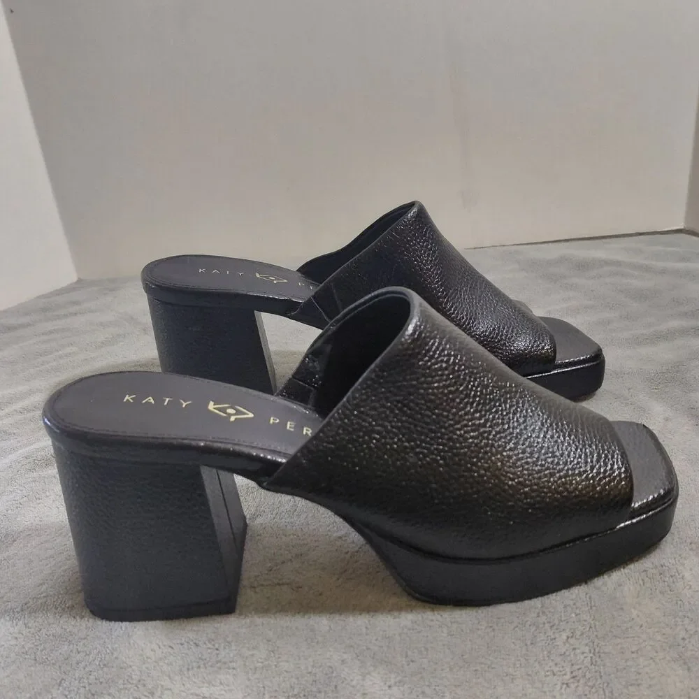 Katy Perry The Surrprise Platform Slide Sandals Womens 7.5M Black Faux Leather